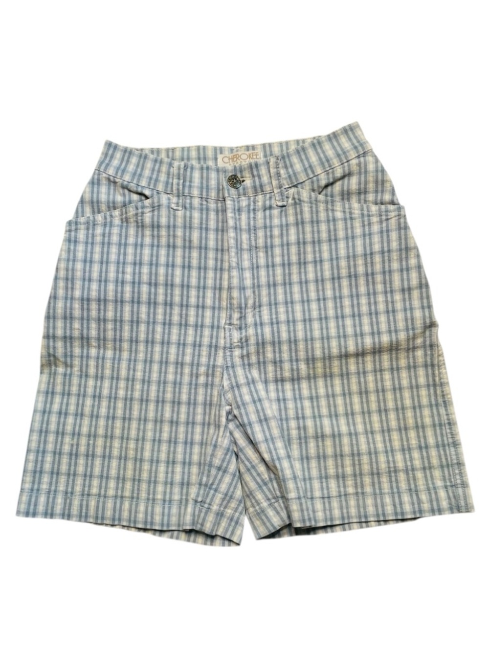 Vintage CHEROKEE Stretch High Rise Bermuda Shorts Blue Gray White Plaid Size 6
